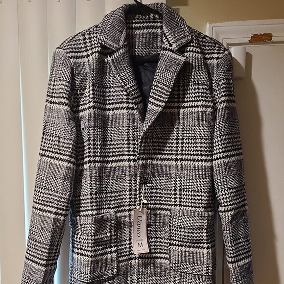 Mens Winter Trench Coat Notched Collar Single Breasted Plaid Mid Long Dark Grey - Picture 5 of 10